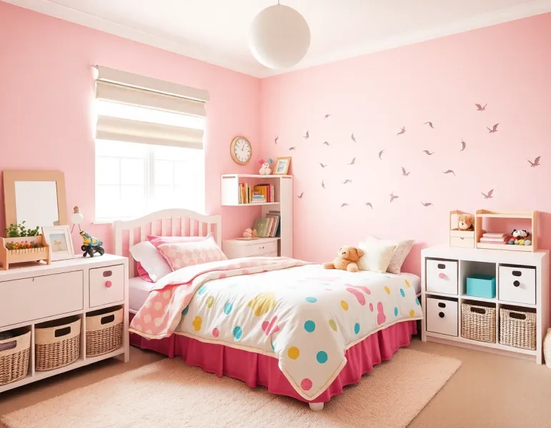 Playful kids bedroom with soft pink colors - AI children's room design